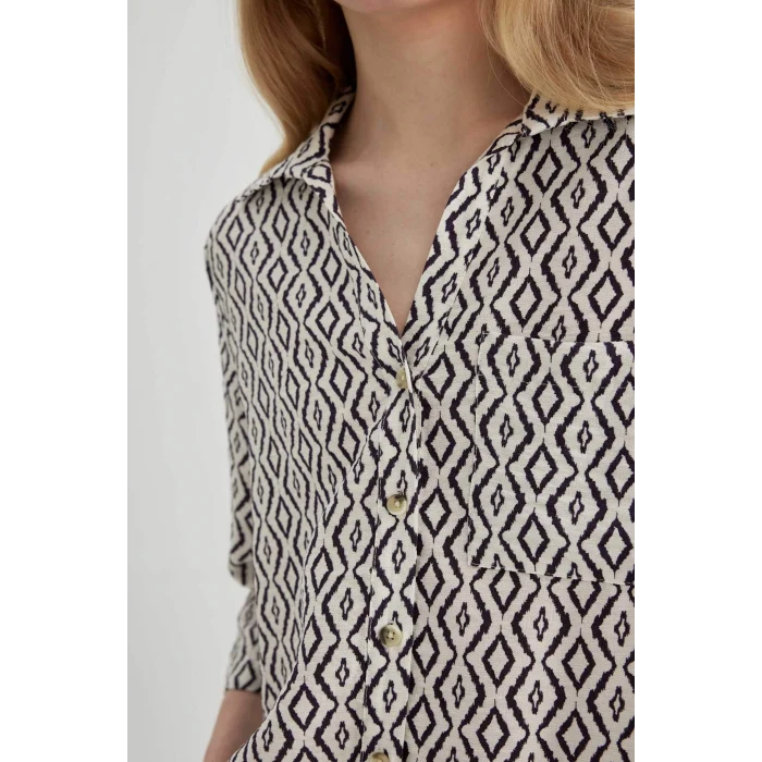 Defacto C0324 Ekru Regular Fit Desenli Yarım Kollu Gömlek