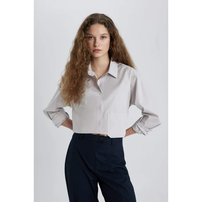 Defacto C5026 Gri Oversize Geniş Kalıp Crop Poplin Uzun Kollu Gömlek
