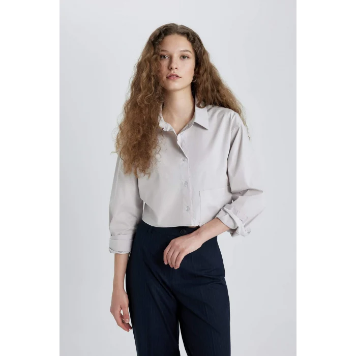 Defacto C5026 Gri Oversize Geniş Kalıp Crop Poplin Uzun Kollu Gömlek