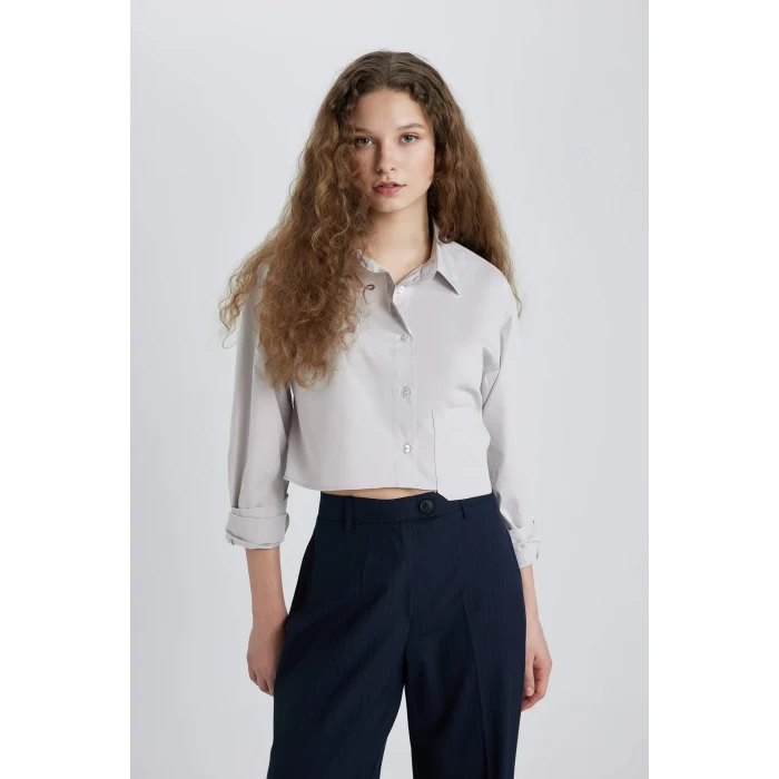 Defacto C5026 Gri Oversize Geniş Kalıp Crop Poplin Uzun Kollu Gömlek