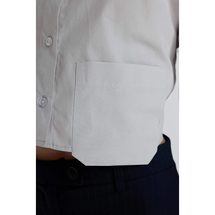 Defacto C5026 Gri Oversize Geniş Kalıp Crop Poplin Uzun Kollu Gömlek