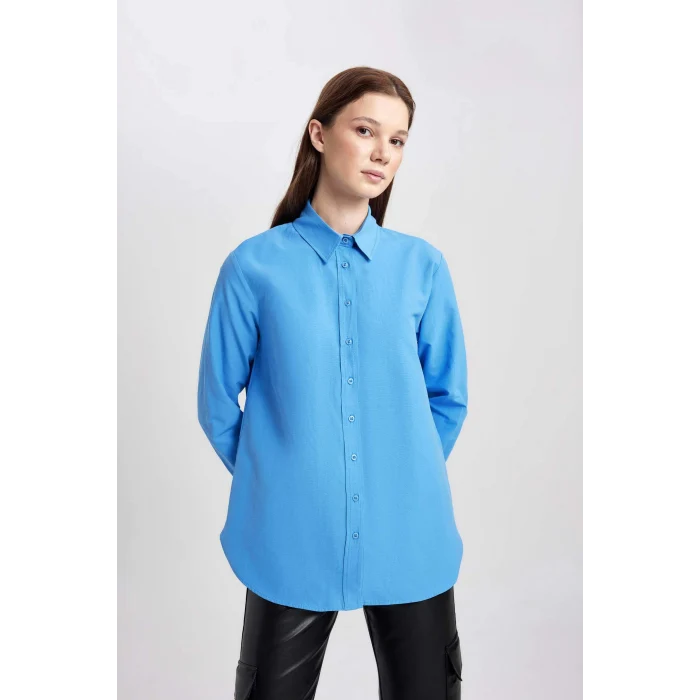 Defacto B8314 Mavi Relax Fit Poplin Uzun Kollu Gömlek Tunik
