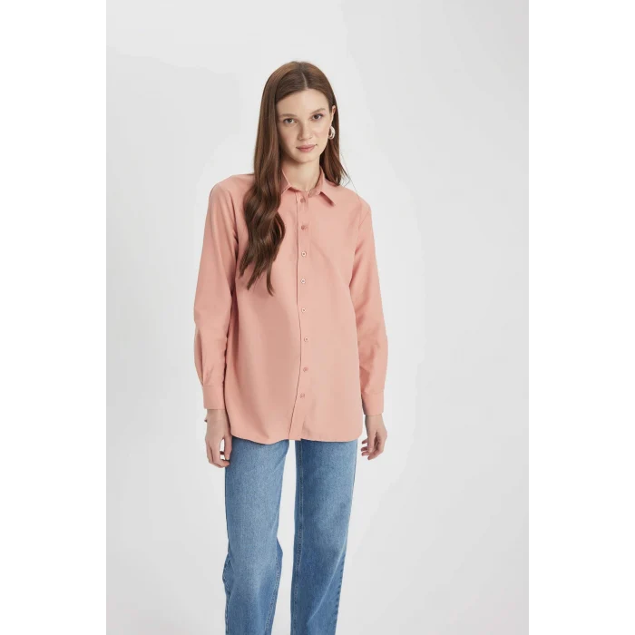 Defacto B8314 Bordo Relax Fit Poplin Uzun Kollu Gömlek Tunik