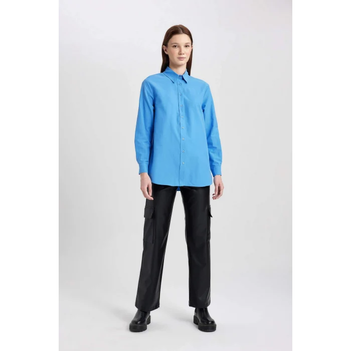 Defacto B8314 Mavi Relax Fit Poplin Uzun Kollu Gömlek Tunik
