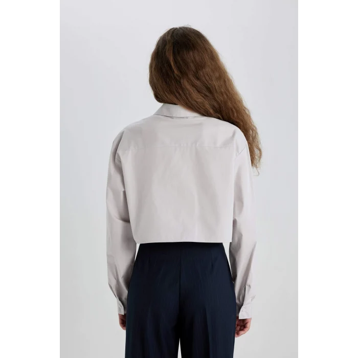 Defacto C5026 Gri Oversize Geniş Kalıp Crop Poplin Uzun Kollu Gömlek