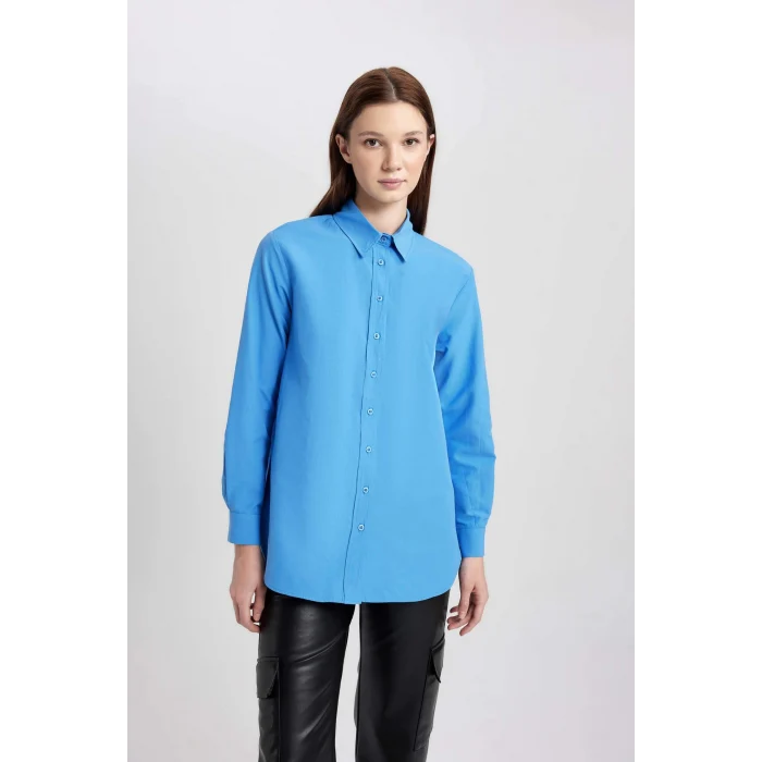 Defacto B8314 Mavi Relax Fit Poplin Uzun Kollu Gömlek Tunik