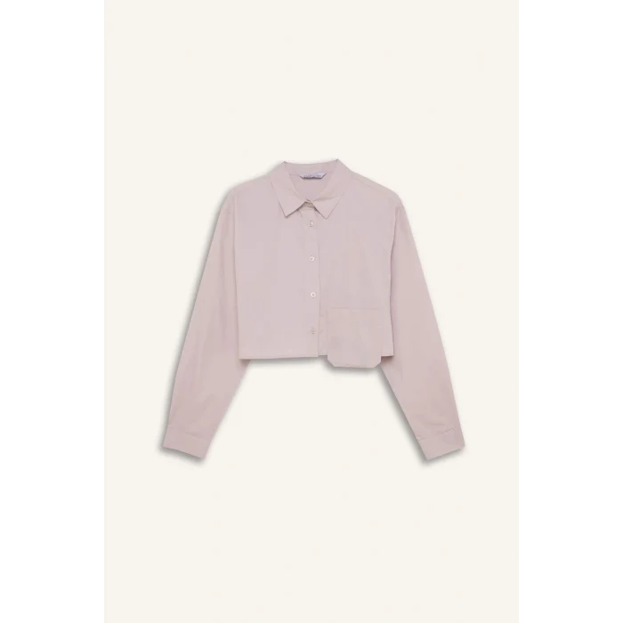 Defacto C5026 Gri Oversize Geniş Kalıp Crop Poplin Uzun Kollu Gömlek