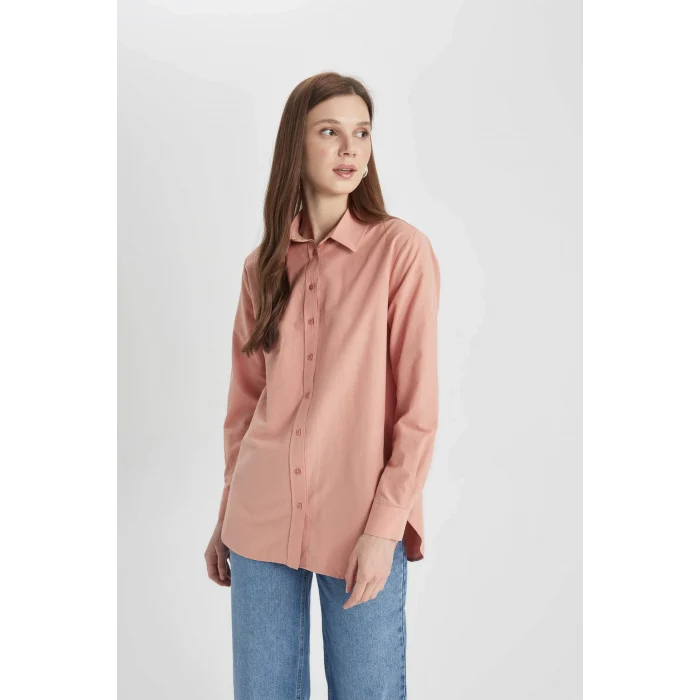 Defacto B8314 Bordo Relax Fit Poplin Uzun Kollu Gömlek Tunik