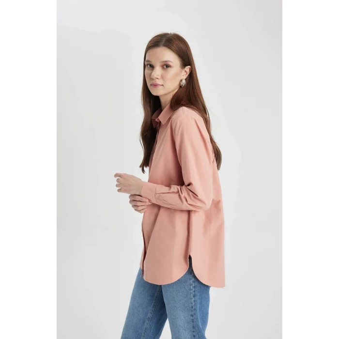 Defacto B8314 Bordo Relax Fit Poplin Uzun Kollu Gömlek Tunik