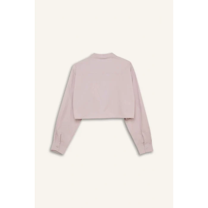 Defacto C5026 Gri Oversize Geniş Kalıp Crop Poplin Uzun Kollu Gömlek