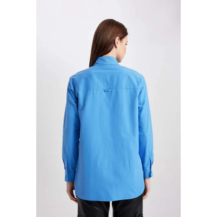 Defacto B8314 Mavi Relax Fit Poplin Uzun Kollu Gömlek Tunik