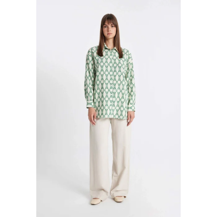 Defacto D1435 Yeşil Relax Fit Desenli Uzun Kollu Gömlek Tunik