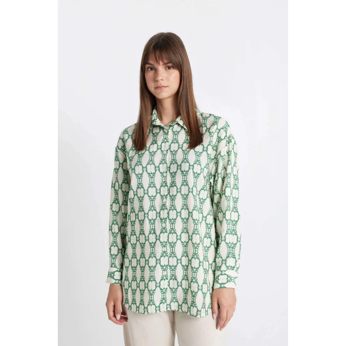 Defacto D1435 Yeşil Relax Fit Desenli Uzun Kollu Gömlek Tunik