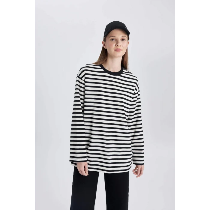 Defacto C0276 Ekru Regular Fit Bisiklet Yaka Çizgili Uzun Kollu Tişört Tunik