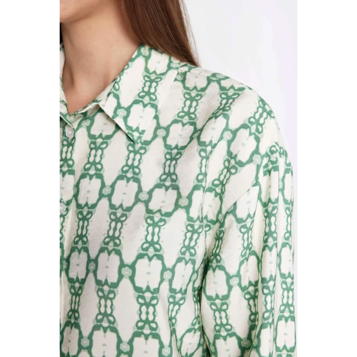 Defacto D1435 Yeşil Relax Fit Desenli Uzun Kollu Gömlek Tunik