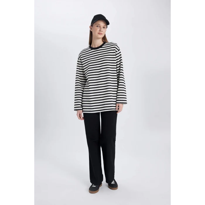 Defacto C0276 Ekru Regular Fit Bisiklet Yaka Çizgili Uzun Kollu Tişört Tunik