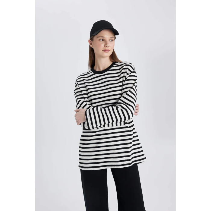 Defacto C0276 Ekru Regular Fit Bisiklet Yaka Çizgili Uzun Kollu Tişört Tunik