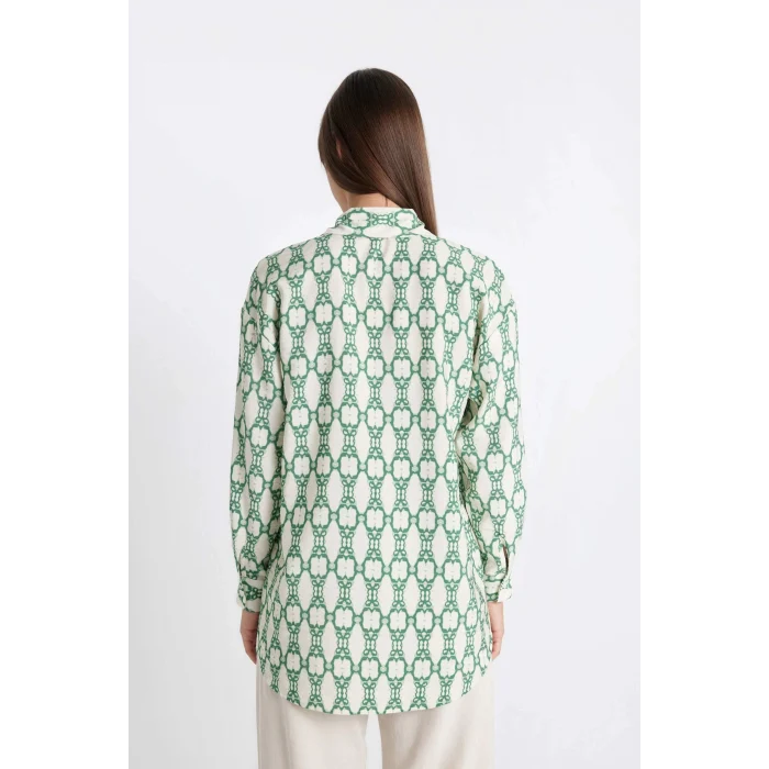 Defacto D1435 Yeşil Relax Fit Desenli Uzun Kollu Gömlek Tunik