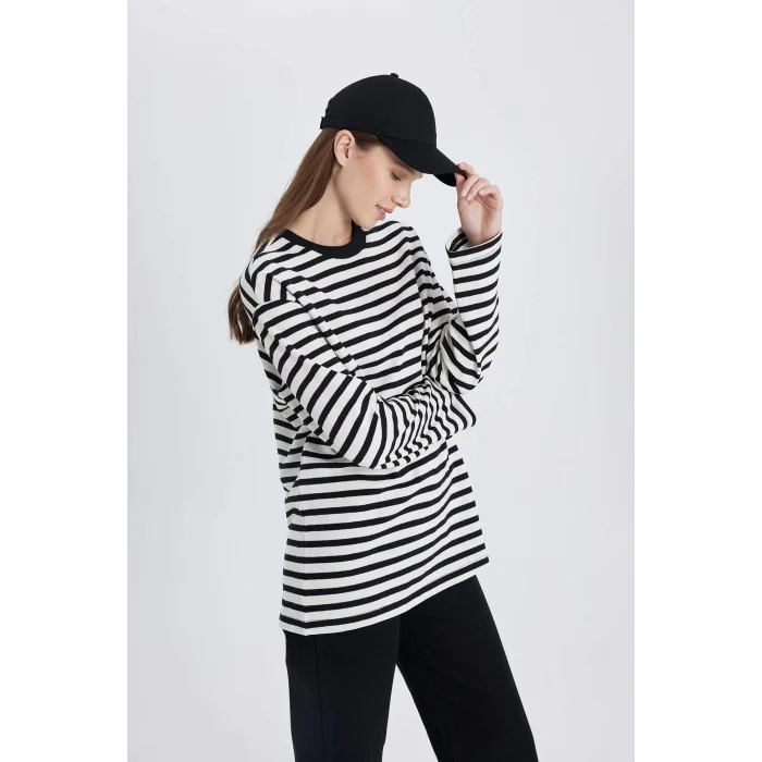 Defacto C0276 Ekru Regular Fit Bisiklet Yaka Çizgili Uzun Kollu Tişört Tunik