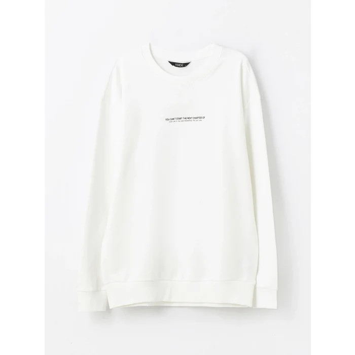 LCW Casual EKRU Bisiklet Yaka Uzun Kollu Baskılı Erkek Sweatshirt