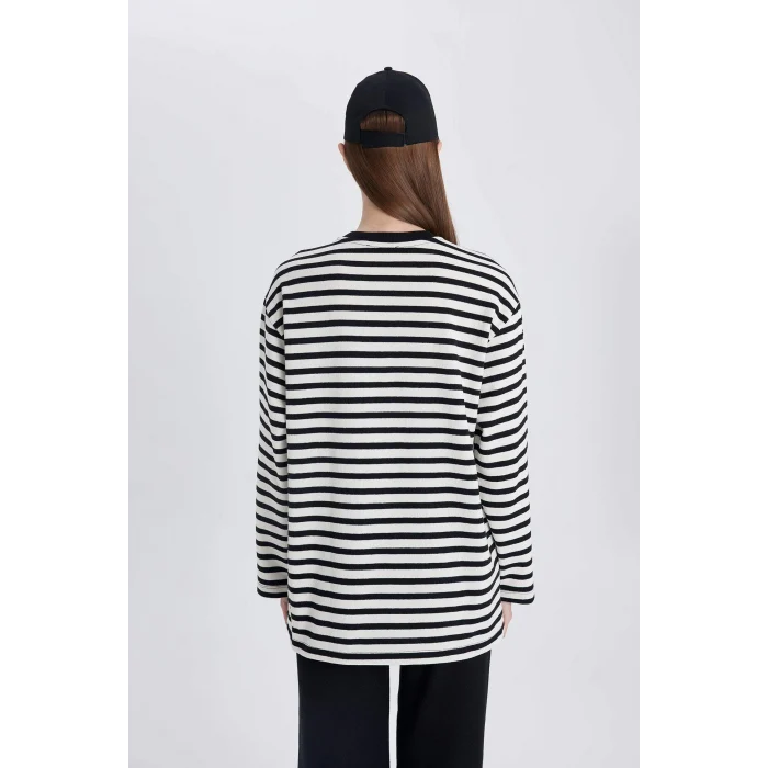 Defacto C0276 Ekru Regular Fit Bisiklet Yaka Çizgili Uzun Kollu Tişört Tunik