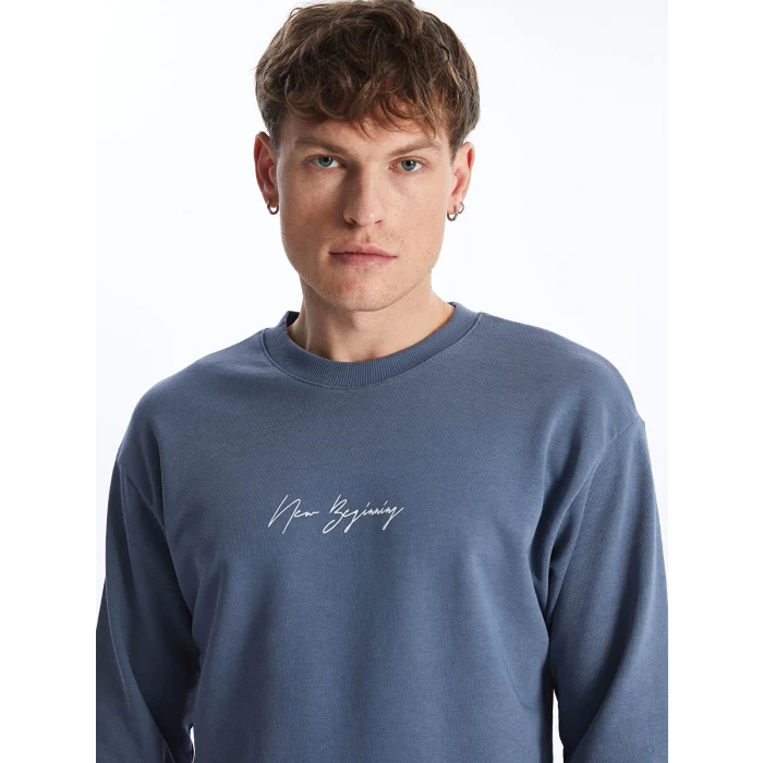 LCW Casual MAVİ Bisiklet Yaka Uzun Kollu Baskılı Erkek Sweatshirt