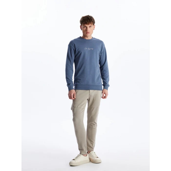 LCW Casual MAVİ Bisiklet Yaka Uzun Kollu Baskılı Erkek Sweatshirt