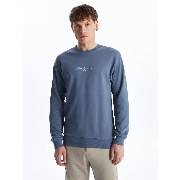LCW Casual MAVİ Bisiklet Yaka Uzun Kollu Baskılı Erkek Sweatshirt
