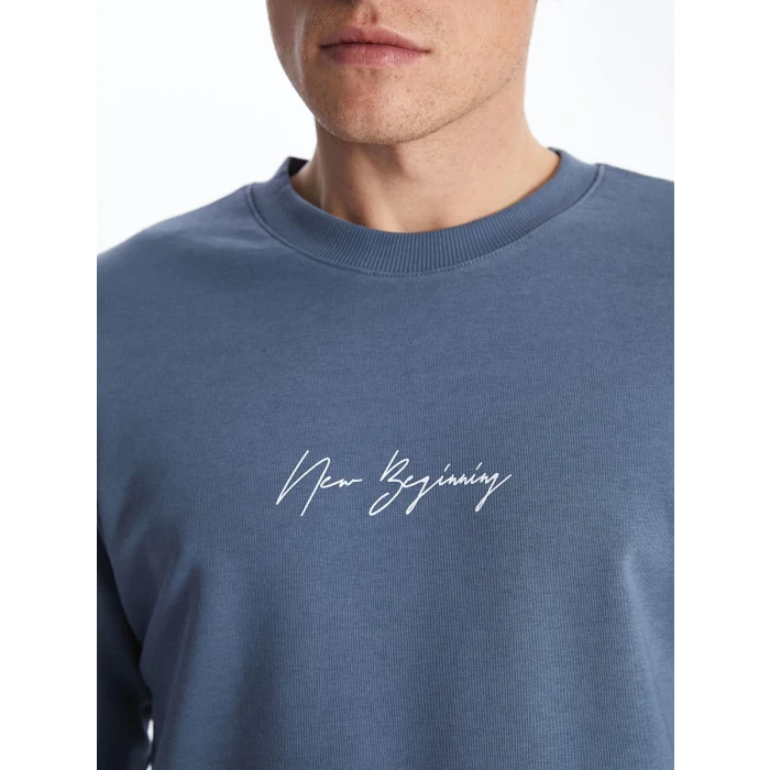 LCW Casual MAVİ Bisiklet Yaka Uzun Kollu Baskılı Erkek Sweatshirt