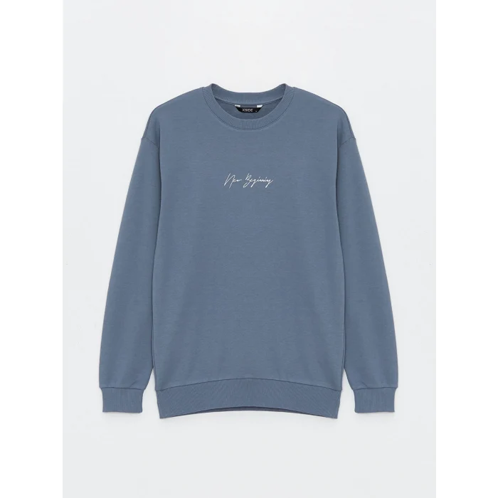 LCW Casual MAVİ Bisiklet Yaka Uzun Kollu Baskılı Erkek Sweatshirt