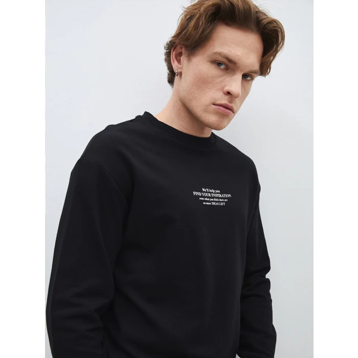 LCW Casual SİYAH Bisiklet Yaka Uzun Kollu Baskılı Erkek Sweatshirt