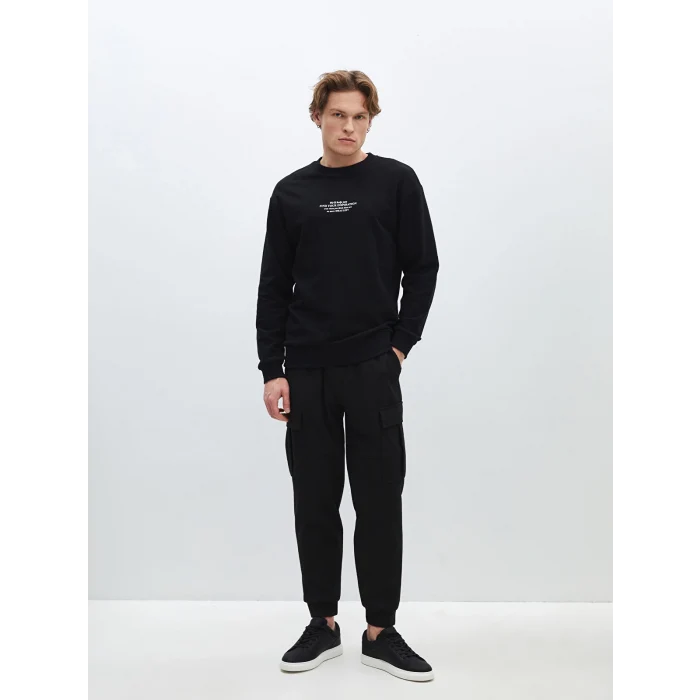 LCW Casual SİYAH Bisiklet Yaka Uzun Kollu Baskılı Erkek Sweatshirt