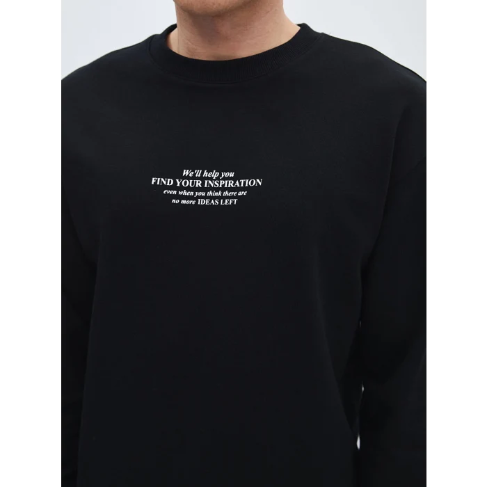 LCW Casual SİYAH Bisiklet Yaka Uzun Kollu Baskılı Erkek Sweatshirt