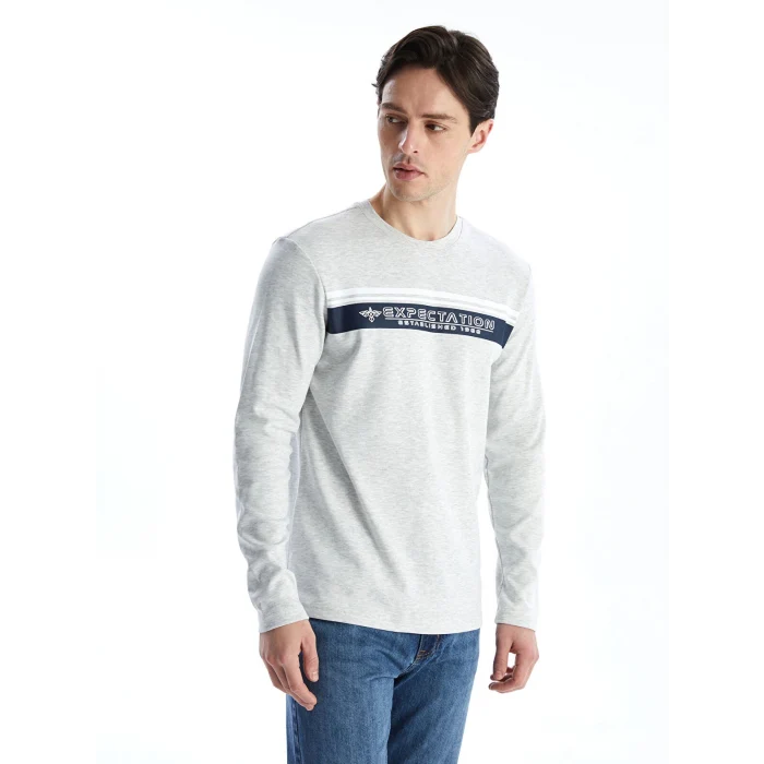 LCWAIKIKI Classic BEJ Bisiklet Yaka Uzun Kollu Baskılı Erkek Tişört