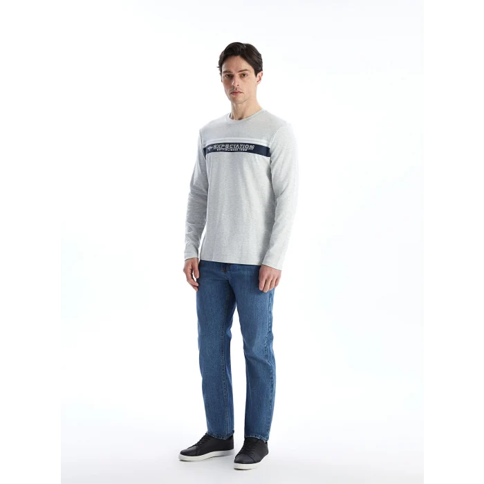 LCWAIKIKI Classic BEJ Bisiklet Yaka Uzun Kollu Baskılı Erkek Tişört