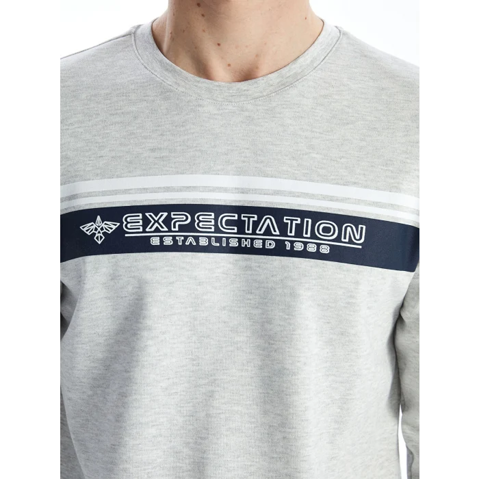 LCWAIKIKI Classic BEJ Bisiklet Yaka Uzun Kollu Baskılı Erkek Tişört