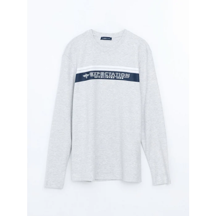 LCWAIKIKI Classic BEJ Bisiklet Yaka Uzun Kollu Baskılı Erkek Tişört