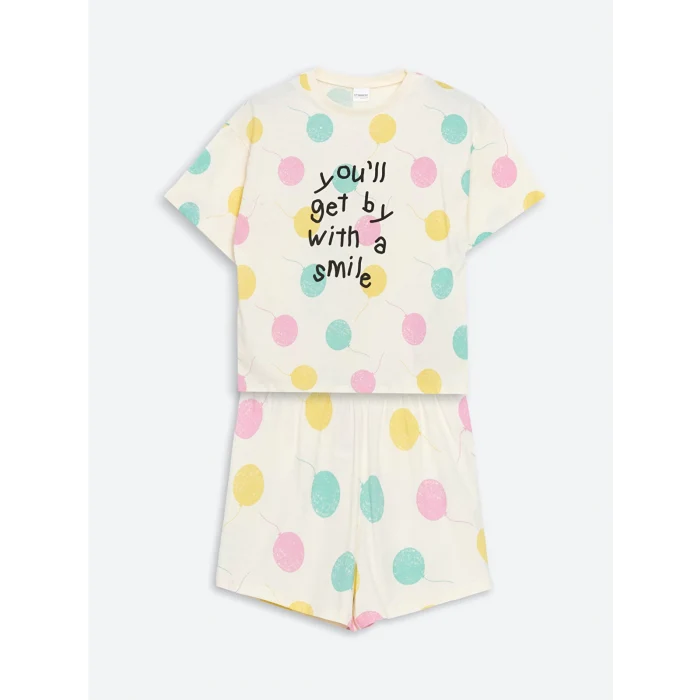 LCW Kids EKRU Bisiklet Yaka Kız Çocuk Şortlu Pijama Takımı