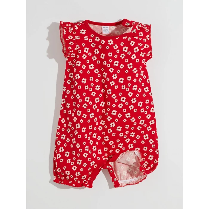 LCW baby BEJ Bisiklet Yaka Çiçekli Kız Bebek Penye Tulum