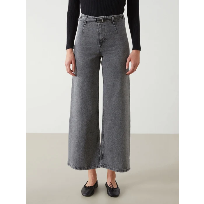 LCW Jeans GRİ Beli Kemerli Wideleg Kadın Jean Pantolon