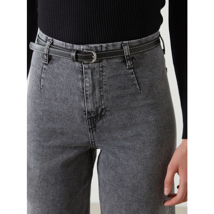 LCW Jeans GRİ Beli Kemerli Wideleg Kadın Jean Pantolon