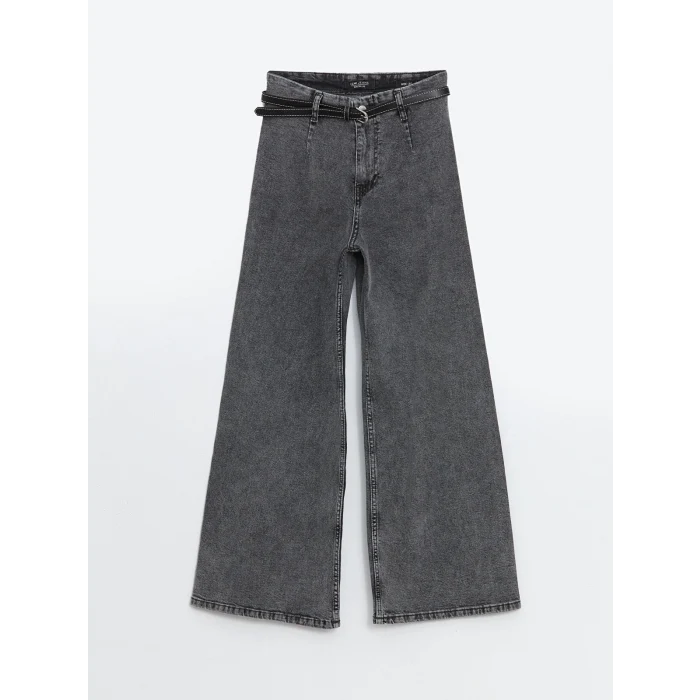 LCW Jeans GRİ Beli Kemerli Wideleg Kadın Jean Pantolon