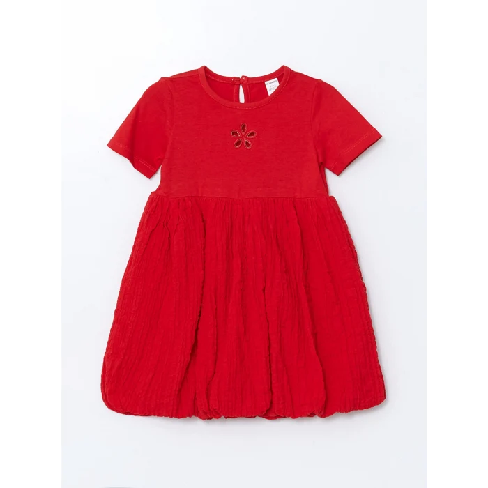 LCW baby KIRMIZI Nakışlı Krinkle Büzgülü Kız Çocuk Elbise