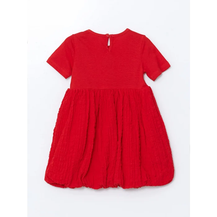 LCW baby KIRMIZI Nakışlı Krinkle Büzgülü Kız Çocuk Elbise