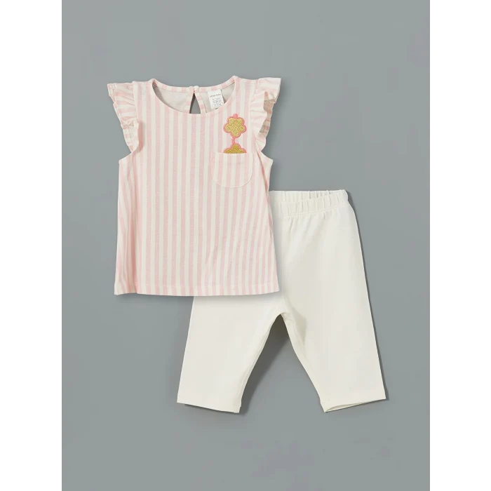LCW baby BEJ Nakışlı Fırfırlı Kız Bebek Tişört ve Tayt 2li