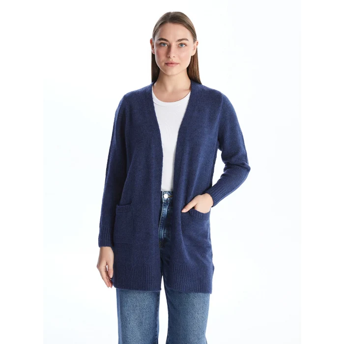 LCWAIKIKI Basic İNDİGO Şal Yaka Düz Uzun Kollu Kadın Triko Hırka