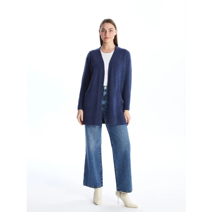 LCWAIKIKI Basic İNDİGO Şal Yaka Düz Uzun Kollu Kadın Triko Hırka