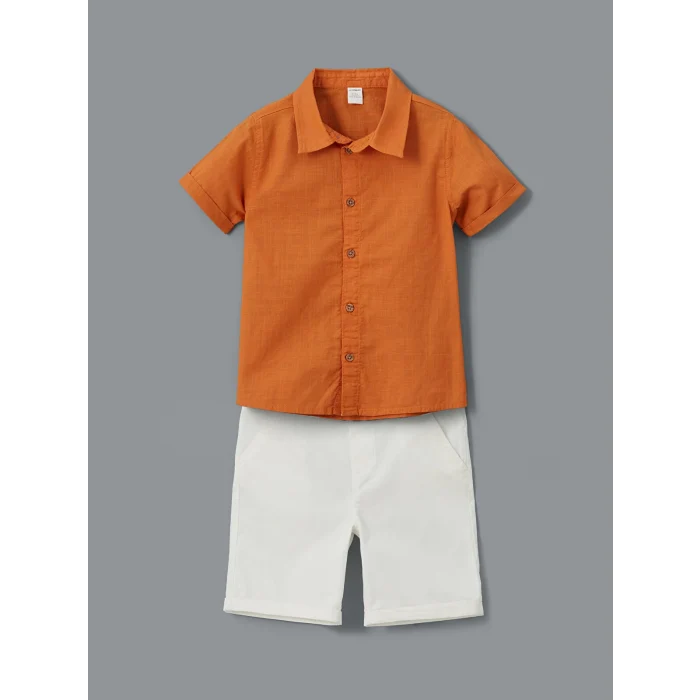 LCW Kids TURUNCU Kısa Kollu Basic Erkek Bebek Gömlek ve Şort 2li Takım