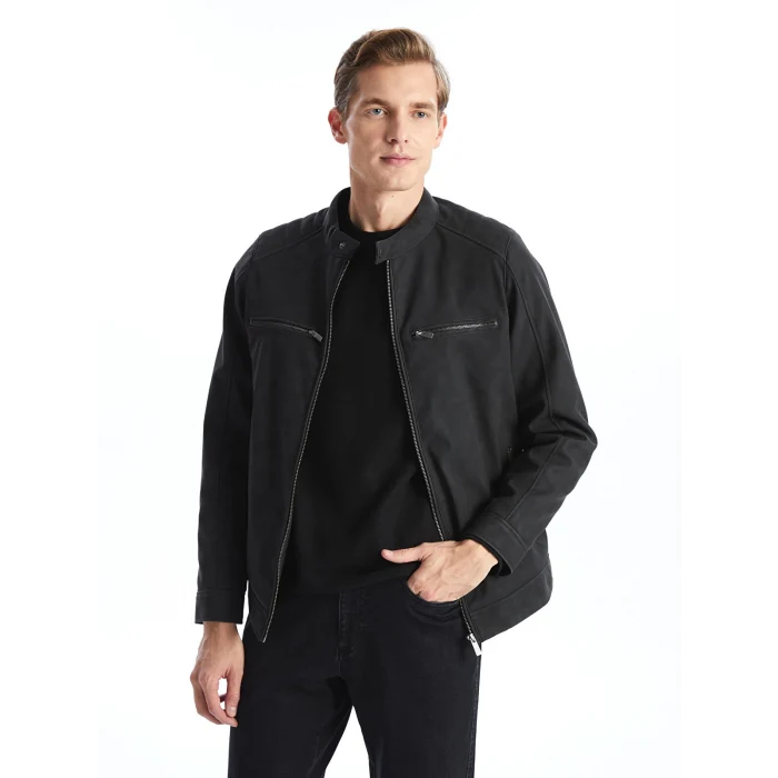 LCWAIKIKI Classic GRİ Biker Yaka Deri Görünümlü Erkek Mont