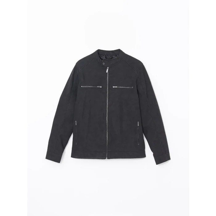 LCWAIKIKI Classic GRİ Biker Yaka Deri Görünümlü Erkek Mont